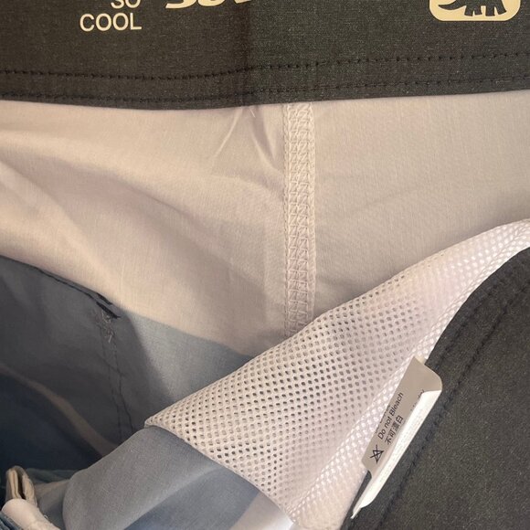 NWT Surf Cuz Men's Board Shorts Sz 30 Striped Print Blue Tan Swim Trunks Pocket - Picture 5 of 8